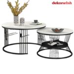 Iron Frame Marble Finish Set of 2 Coffee Table Snackes Tea Table Stylish Sofa Center Table for Living Room Bedroom or Any Apartment (White & Black) (1)