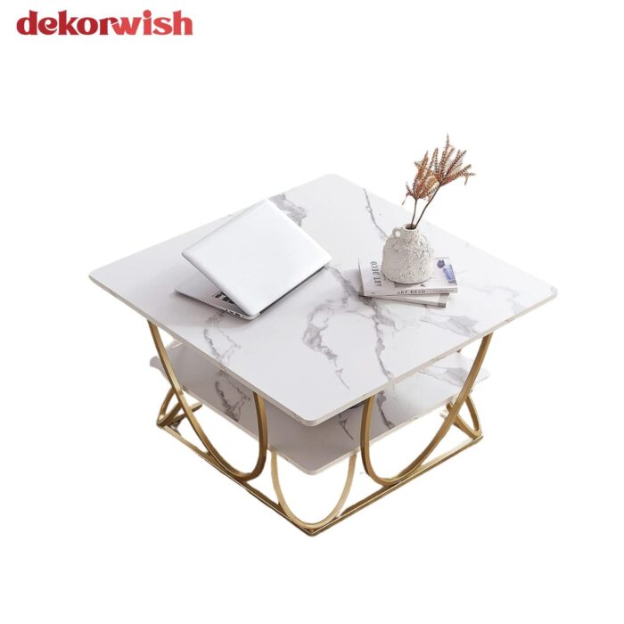 Dekorwish Gold Metal Coffee Table with Faux Marble Top – Glamorous Modern Design, MDF Marble Surface & Sturdy Gold Metal Frame for Living Room