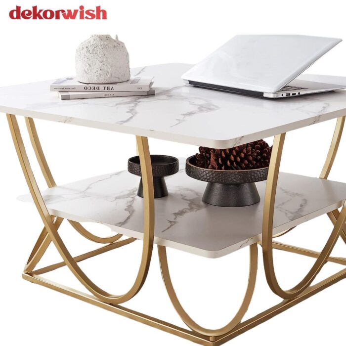 Dekorwish Gold Metal Coffee Table with Faux Marble Top – Glamorous Modern Design, MDF Marble Surface & Sturdy Gold Metal Frame for Living Room - Image 2